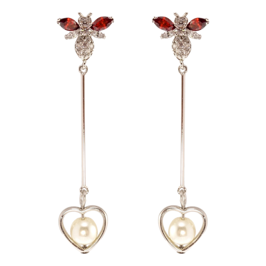 Серьги Xuping QQMM Родий пусеты Мушки с жемчужными сердечками фото №1 Серьги Xuping QQMM Родий пусеты Мушки с жемчужными сердечками фото №1