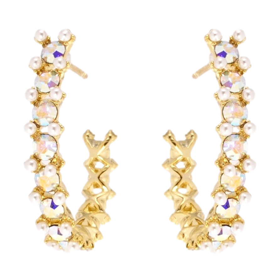 Сережки Xuping QQMM Позолота 14K пусети Дуги з доріжками райдужних кристалів та перлинками фото №1 Сережки Xuping QQMM Позолота 14K пусети Дуги з доріжками райдужних кристалів та перлинками фото №1