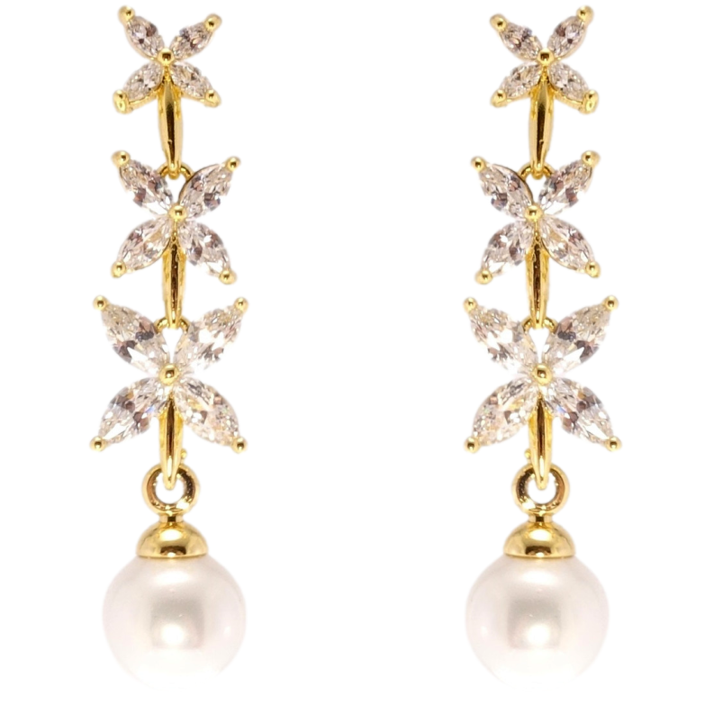 Сережки Xuping QQMM Позолота 14K пусети Кристальні квіточки з перлинами фото №1 Сережки Xuping QQMM Позолота 14K пусети Кристальні квіточки з перлинами фото №1