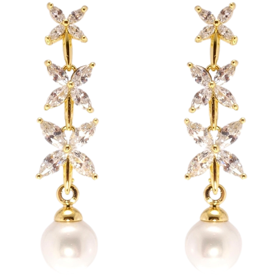 Сережки Xuping QQMM Позолота 14K пусети Кристальні квіточки з перлинами фото №1 Сережки Xuping QQMM Позолота 14K пусети Кристальні квіточки з перлинами фото №1