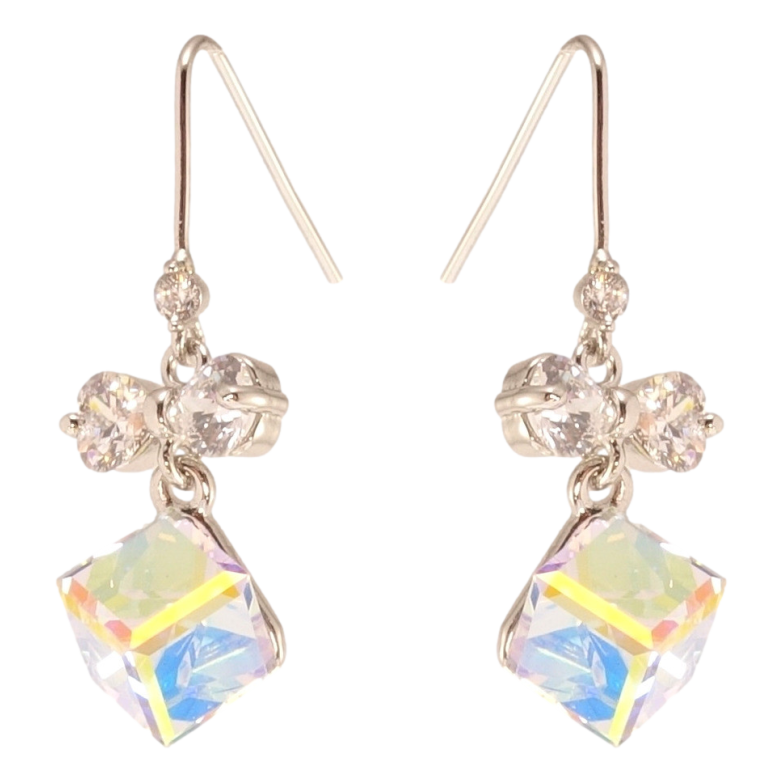 Сережки Xuping колір Родій з кристалами Swarovski французький замок Кристальні кубики АВ з бантами фото №1