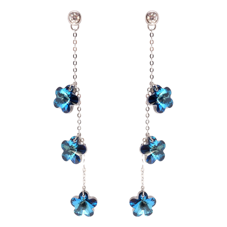 Сережки Xuping колір Родій з кристалами Swarovski пусети Кристальні квіточки Bermuda Blue на ланцюжку фото №13