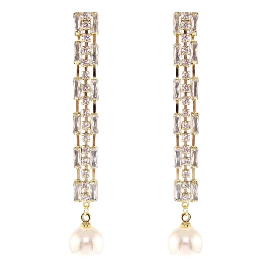 Серьги Xuping QQMM Позолота 14K пусеты Кристальные дорожки с жемчужной подвеской фото №1 Серьги Xuping QQMM Позолота 14K пусеты Кристальные дорожки с жемчужной подвеской фото №1