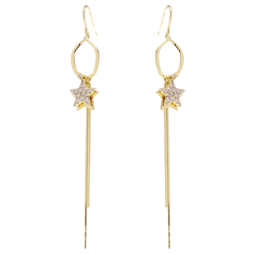 Серьги Xuping QQMM Позолота 14K французский замок Звездочки с цепочкой на колечке фото №1 Серьги Xuping QQMM Позолота 14K французский замок Звездочки с цепочкой на колечке фото №1