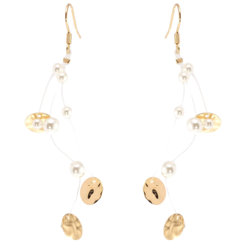 Сережки Xuping Позолота 18K підвіски французький замок Перлинні намистини з золотистими колами на волосіні фото №1 Сережки Xuping Позолота 18K підвіски французький замок Перлинні намистини з золотистими колами на волосіні фото №1