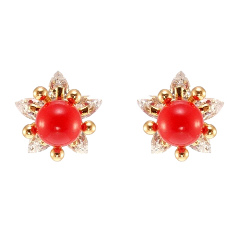 Серьги Xuping Позолота 18K пусеты Красная бусина в цветке с кристаллов фото №7