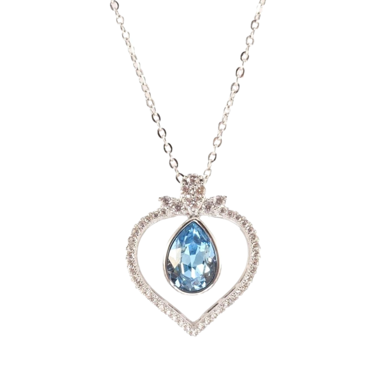 Кулон Xuping колір Родій з кр-ми Swarovski на ланцюжку Крапелька Aquamarine в обрамленні серця дл.42-46см х 1мм фото №1