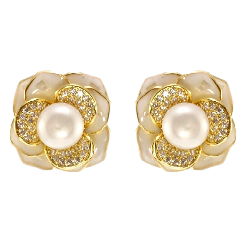 Серьги Xuping QQMM Позолота 14K пусеты Цветочки с жемчугом, цирконием и белой фото №3