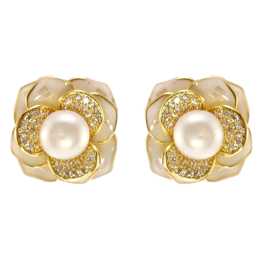 Сережки Xuping QQMM Позолота 14K пусети Квіточки з перлами, цирконієм та білою фото №1 Сережки Xuping QQMM Позолота 14K пусети Квіточки з перлами, цирконієм та білою фото №1