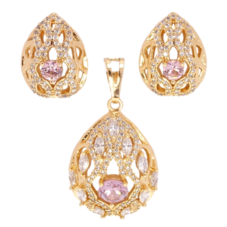 Набор Xuping Позолота 18K Серьги Кулон Элегантные капельки с цирконием и розовыми фианитами фото №1 Набор Xuping Позолота 18K Серьги Кулон Элегантные капельки с цирконием и розовыми фианитами фото №1