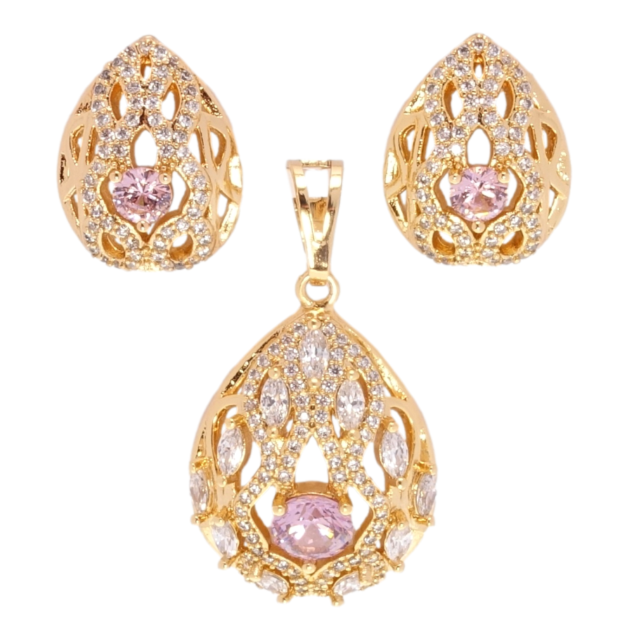 Набор Xuping Позолота 18K Серьги Кулон Элегантные капельки с цирконием и розовыми фианитами фото №1 Набор Xuping Позолота 18K Серьги Кулон Элегантные капельки с цирконием и розовыми фианитами фото №1