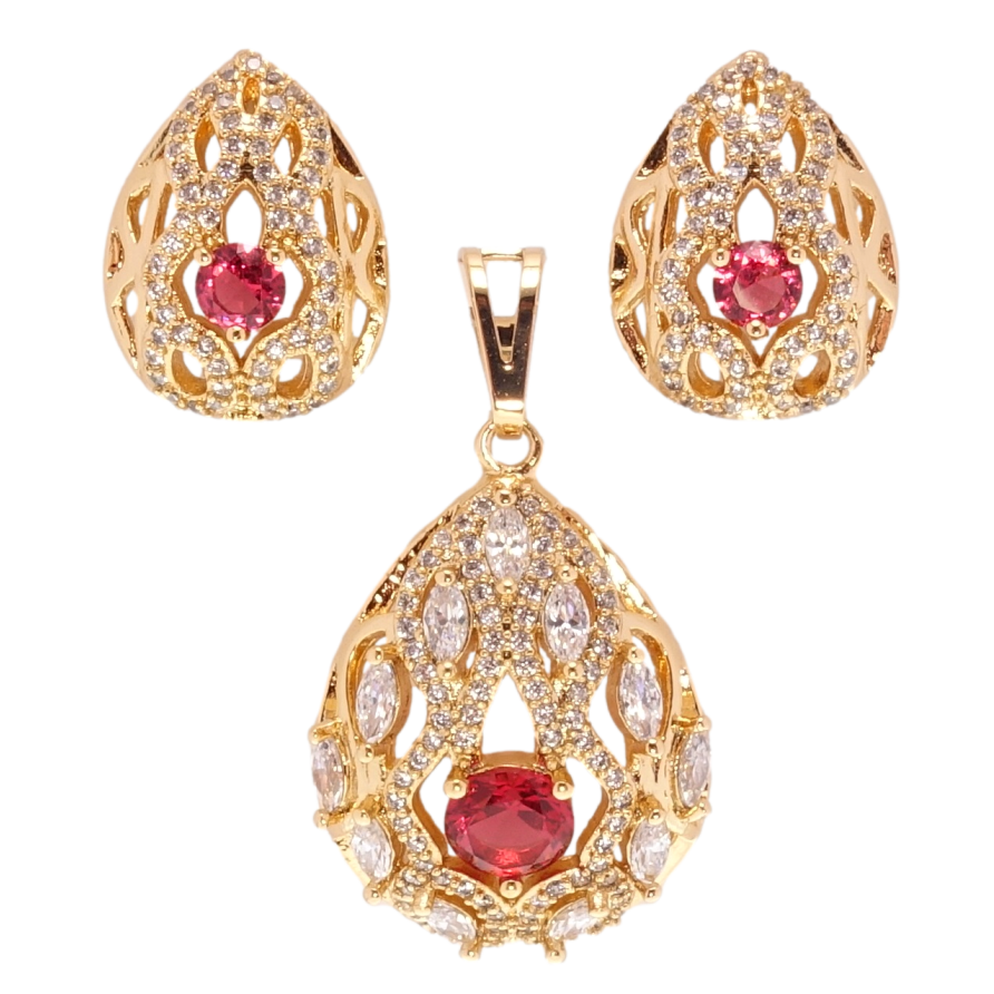 Набір Xuping Позолота 18K Сережки Кулон Елегантні крапельки з цирконієм і малиновими фіанітами фото №1