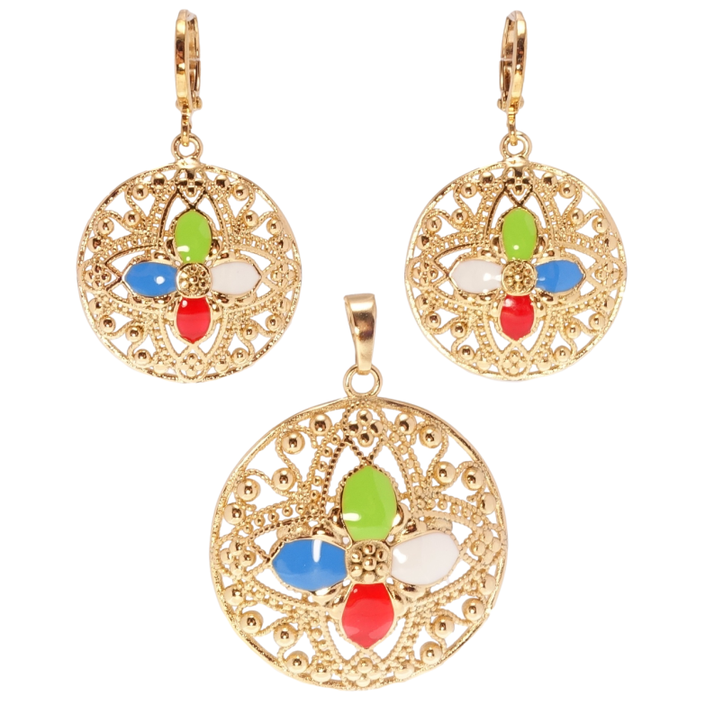 Набір Xuping Позолота 18K Сережки Кулон Різні круги з різнокольоровими емалевими квіточками фото №1 Набір Xuping Позолота 18K Сережки Кулон Різні круги з різнокольоровими емалевими квіточками фото №1
