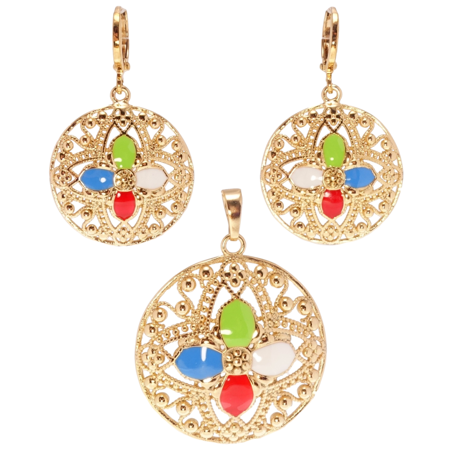 Набір Xuping Позолота 18K Сережки Кулон Різні круги з різнокольоровими емалевими квіточками фото №1 Набір Xuping Позолота 18K Сережки Кулон Різні круги з різнокольоровими емалевими квіточками фото №1