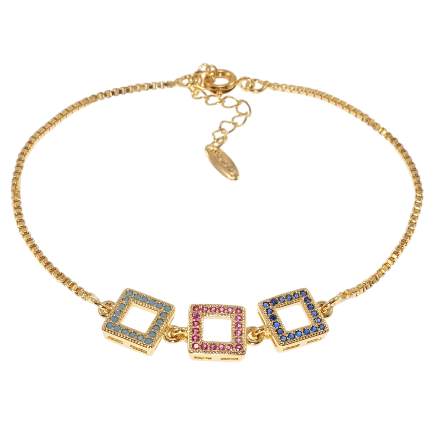 Браслет Xuping Позолота 18K Три квадрата с цветным цирконием длина с доп.цепочкой 17-20см х 1мм фото №1