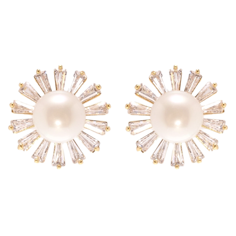 Серьги Xuping Позолота 18K пусеты Цветочки с цирконием и жемчугом фото №1 Серьги Xuping Позолота 18K пусеты Цветочки с цирконием и жемчугом фото №1