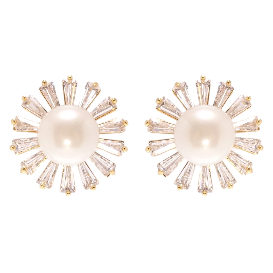 Сережки Xuping Позолота 18K пусети Квіточки з цирконієм та перлами фото №1 Сережки Xuping Позолота 18K пусети Квіточки з цирконієм та перлами фото №1