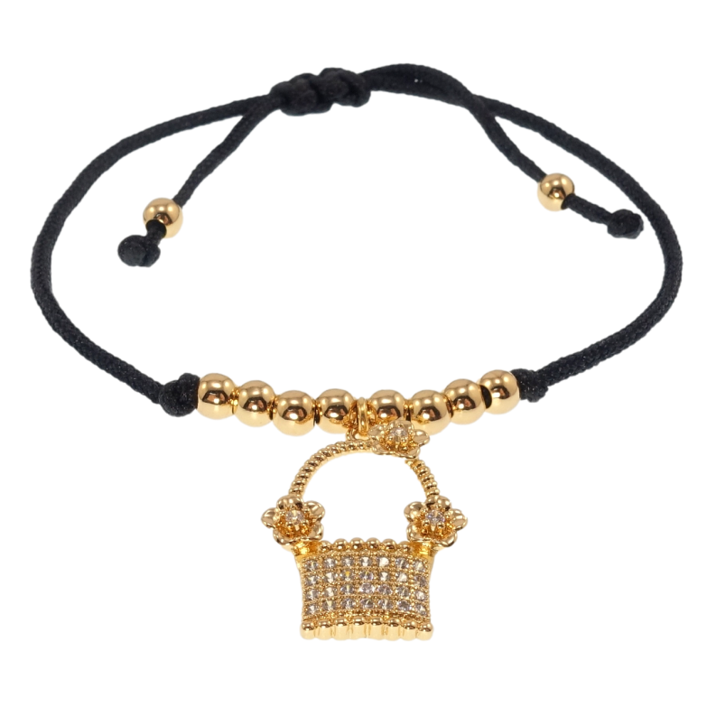 Браслет Xuping Позолота 18K Черный шнур с подвеской корзинка размер на затяжке 12-24см х 2мм фото №1