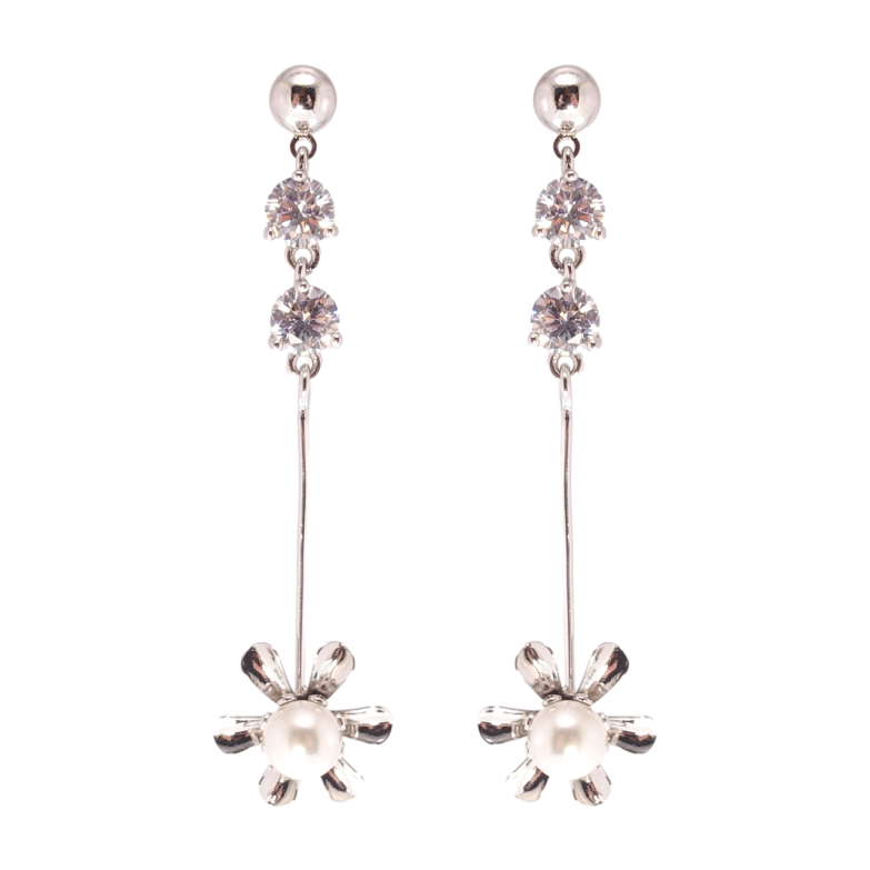 Серьги Xuping Родий пусеты Цветочки с жемчужинами фото №1 Серьги Xuping Родий пусеты Цветочки с жемчужинами фото №1