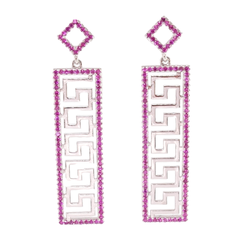 Сережки Xuping Родій пусети Грецький орнамент в обрамленні малинового цирконію фото №1