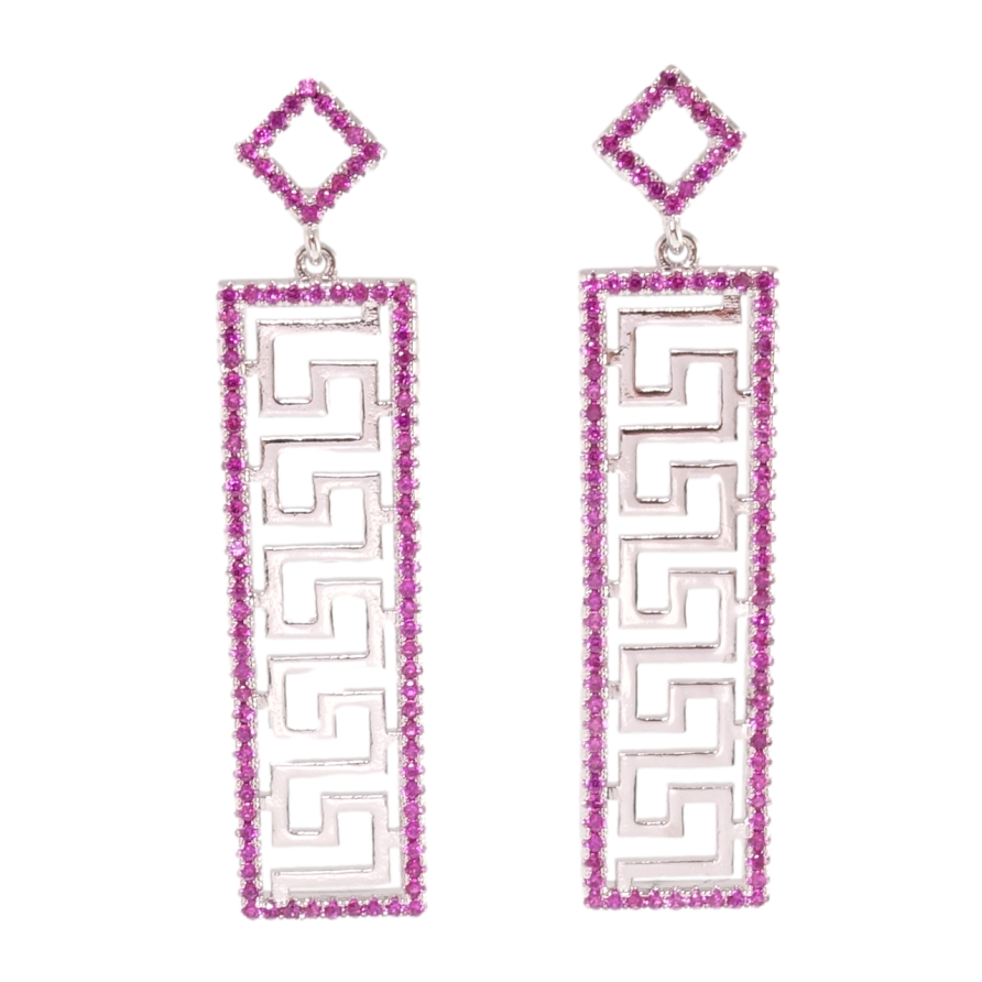 Серьги Xuping Родий пусеты Греческий орнамент в обрамлении малинового циркония фото №1