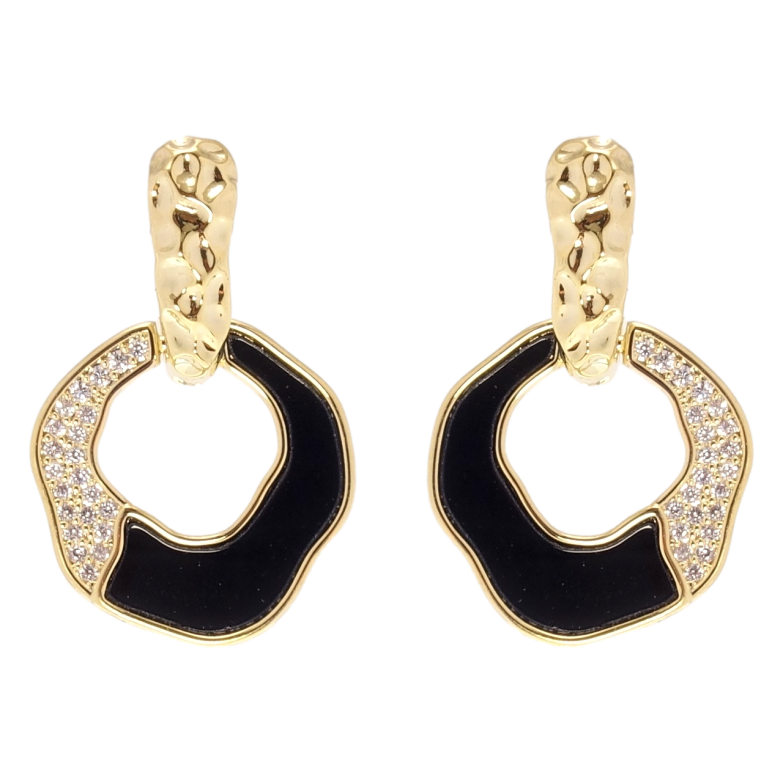 Сережки Xuping QQMM Позолота 14K пусети колечки з чорними вставками та цирконієм фото №1 Сережки Xuping QQMM Позолота 14K пусети колечки з чорними вставками та цирконієм фото №1