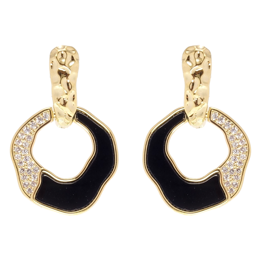 Серьги Xuping QQMM Позолота 14K пусеты Колечки с черными вставками и цирконием фото №1