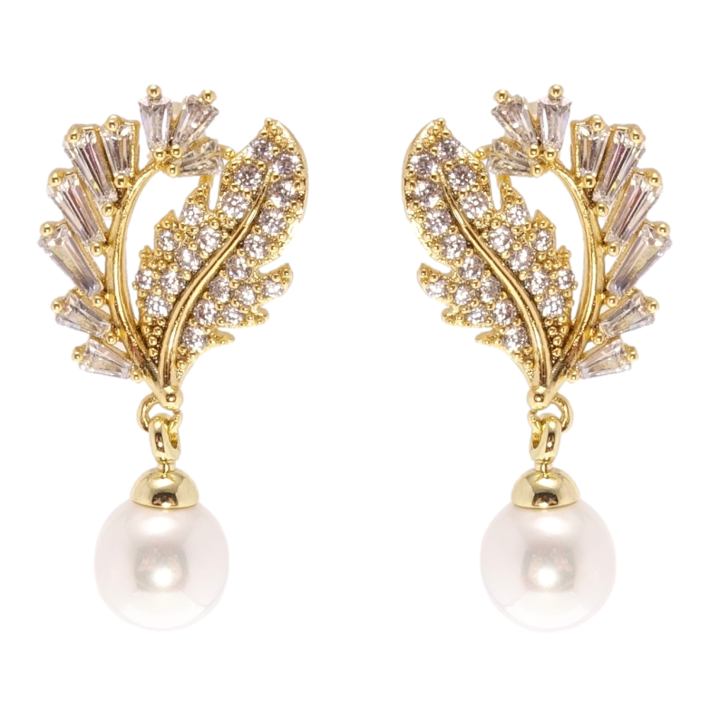 Сережки Xuping QQMM Позолота 14K пусети Листики інкрустація цирконієм із перловою підвіскою фото №1 Сережки Xuping QQMM Позолота 14K пусети Листики інкрустація цирконієм із перловою підвіскою фото №1