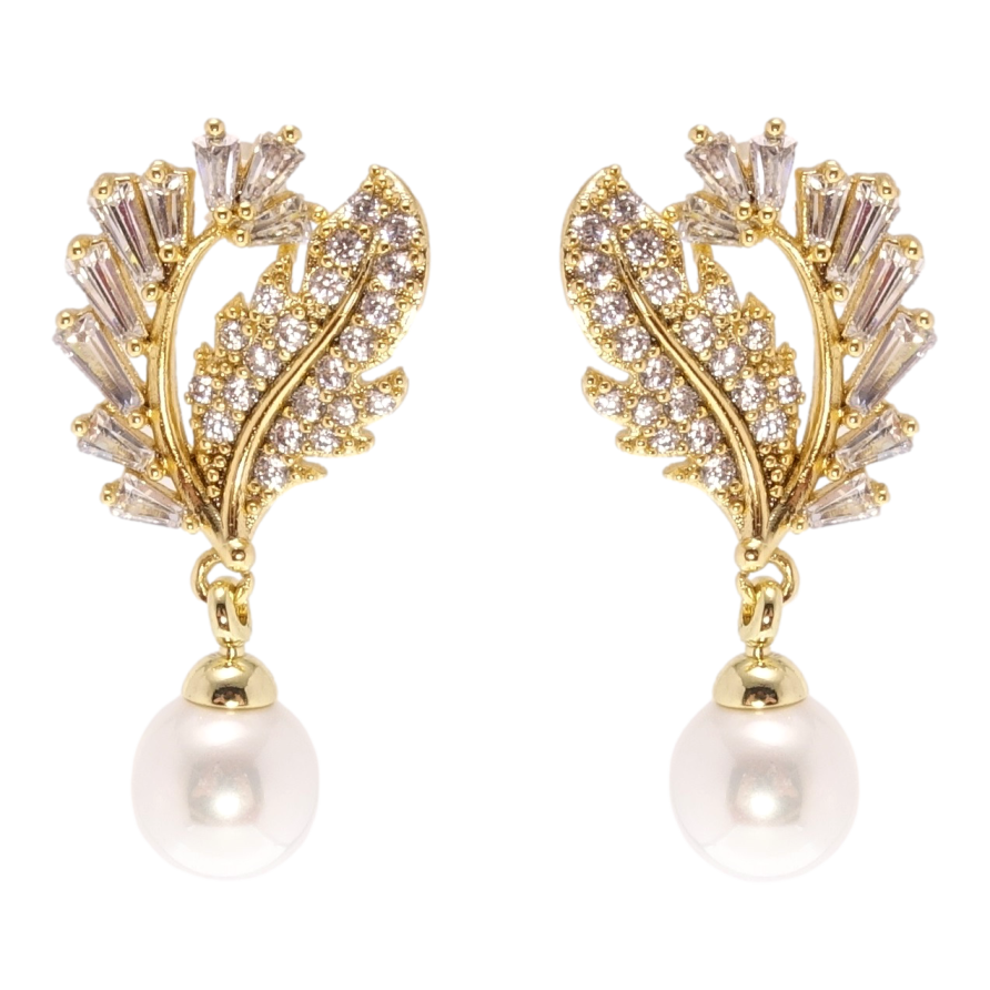 Сережки Xuping QQMM Позолота 14K пусети Листики інкрустація цирконієм із перловою підвіскою фото №1 Сережки Xuping QQMM Позолота 14K пусети Листики інкрустація цирконієм із перловою підвіскою фото №1