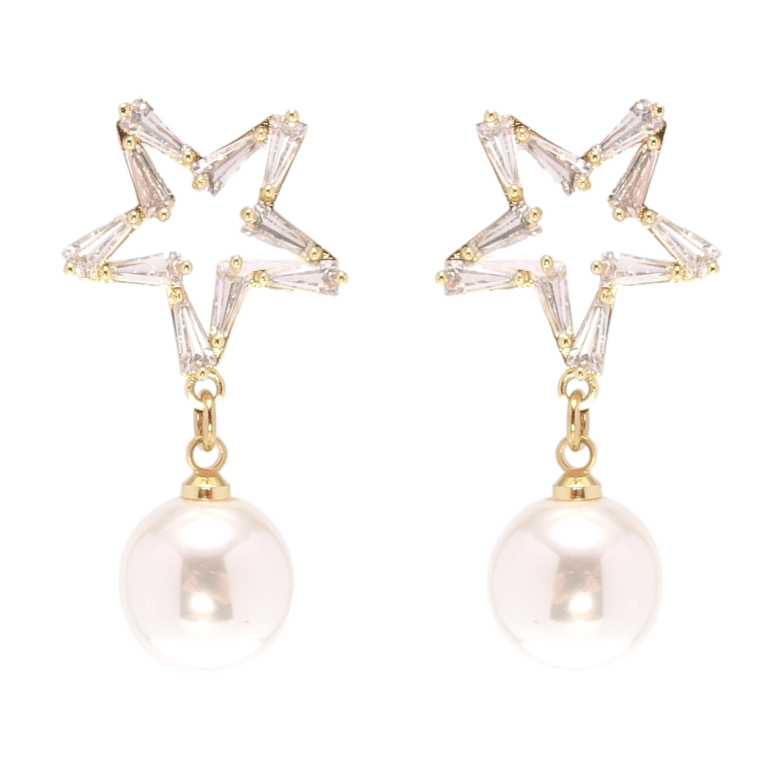 Сережки Xuping QQMM Позолота 14K пусети Зірки з перлинними підвісками фото №1 Сережки Xuping QQMM Позолота 14K пусети Зірки з перлинними підвісками фото №1