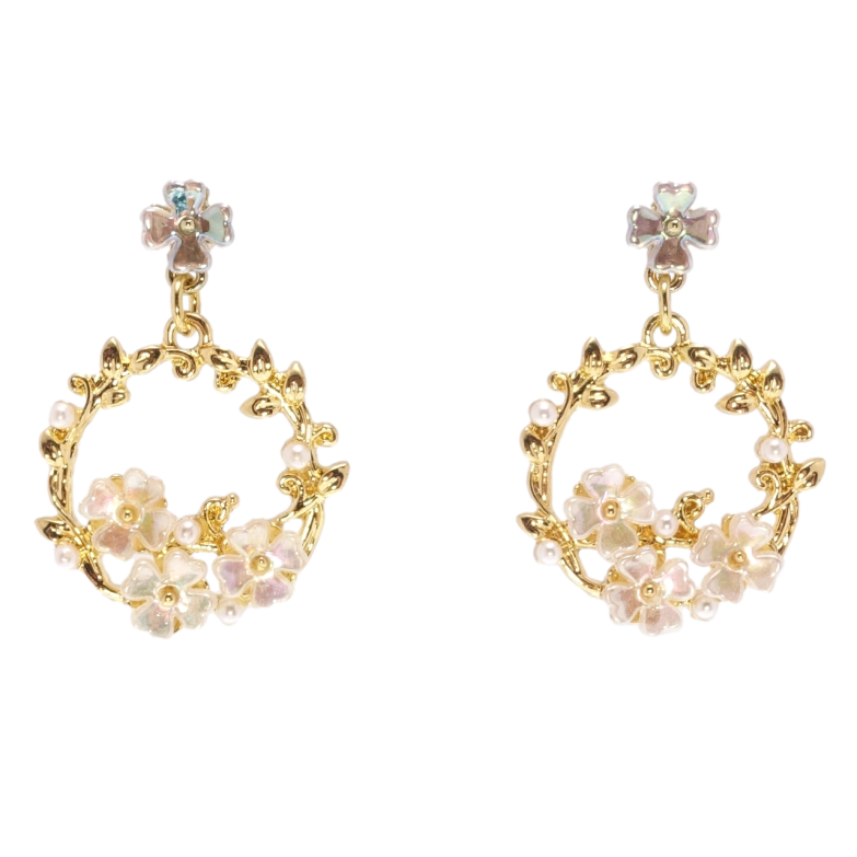 Сережки Xuping QQMM Позолота 14K пусети колечки з перламутровими квіточками фото №1 Сережки Xuping QQMM Позолота 14K пусети колечки з перламутровими квіточками фото №1