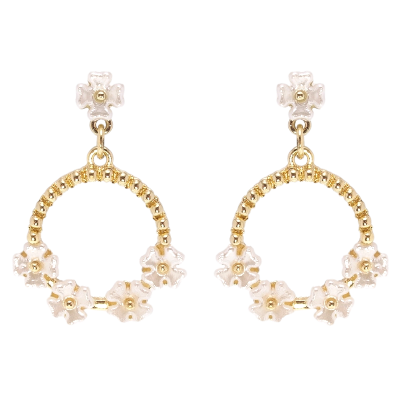 Серьги Xuping QQMM Позолота 14K пусеты Колечки с перламутровыми цветочками фото №1