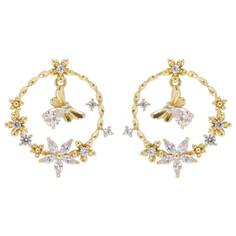 Сережки Xuping JEAN GOUJON Позолота 14K пусети колечки з квітами та мушкою фото №1 Сережки Xuping JEAN GOUJON Позолота 14K пусети колечки з квітами та мушкою фото №1