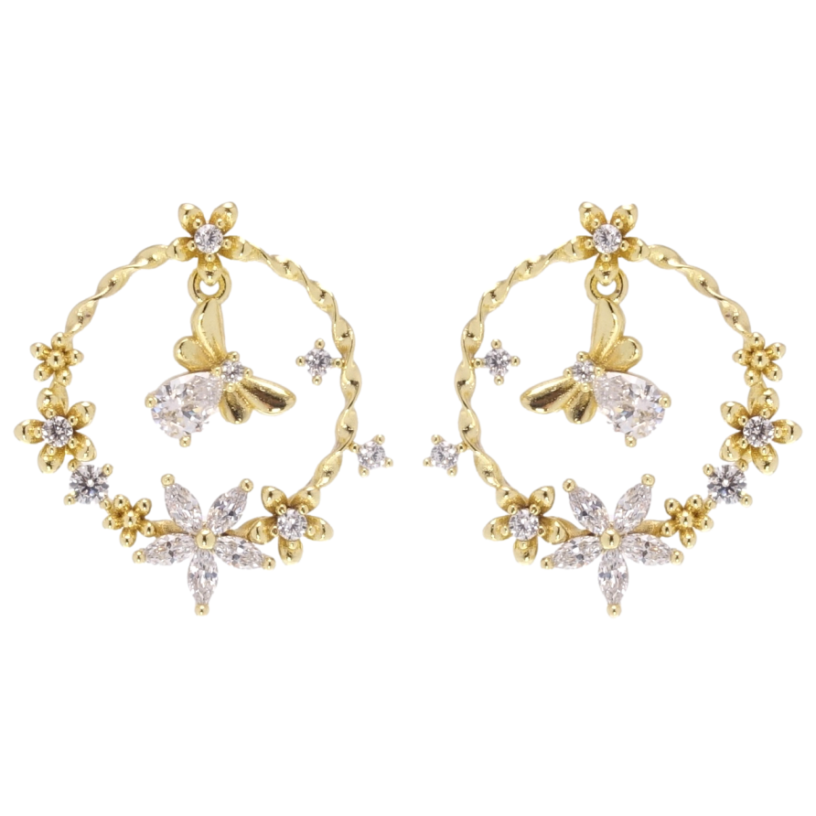 Сережки Xuping JEAN GOUJON Позолота 14K пусети колечки з квітами та мушкою фото №1 Сережки Xuping JEAN GOUJON Позолота 14K пусети колечки з квітами та мушкою фото №1