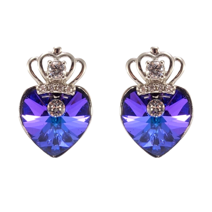 Серьги Xuping цвет Родий с кристаллами Swarovski пусеты Кристальные сердечки Majestic Blue с короной фото №1