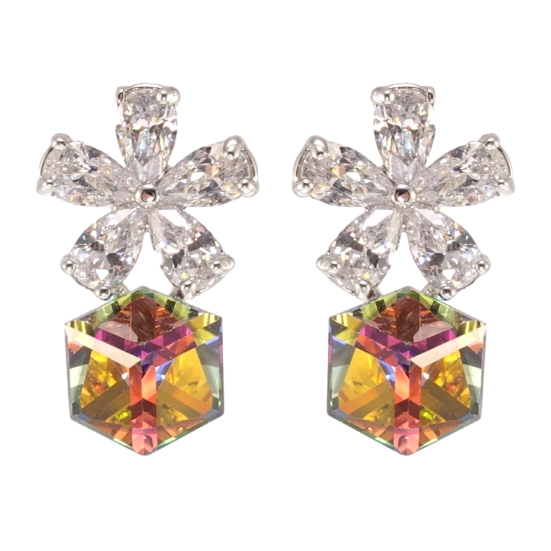 Сережки Xuping колір Родій з кристалами Swarovski пусети Квіточки з кристальними кубиками Vitrail Medium фото №1