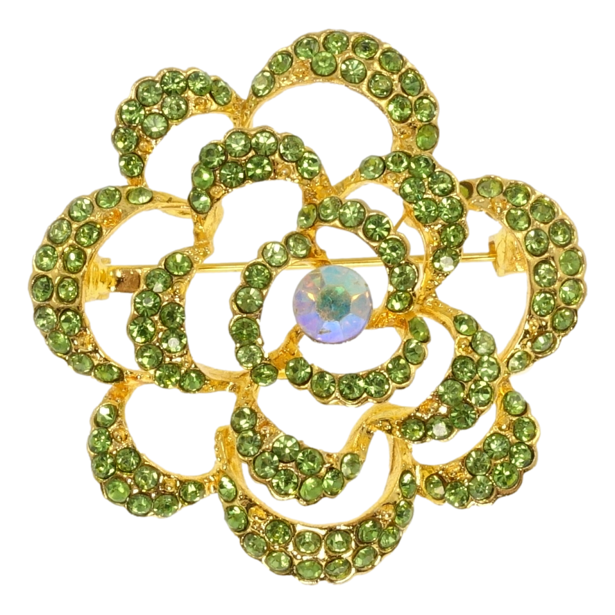 Брошь Цветок с зелёными стразами фото №1