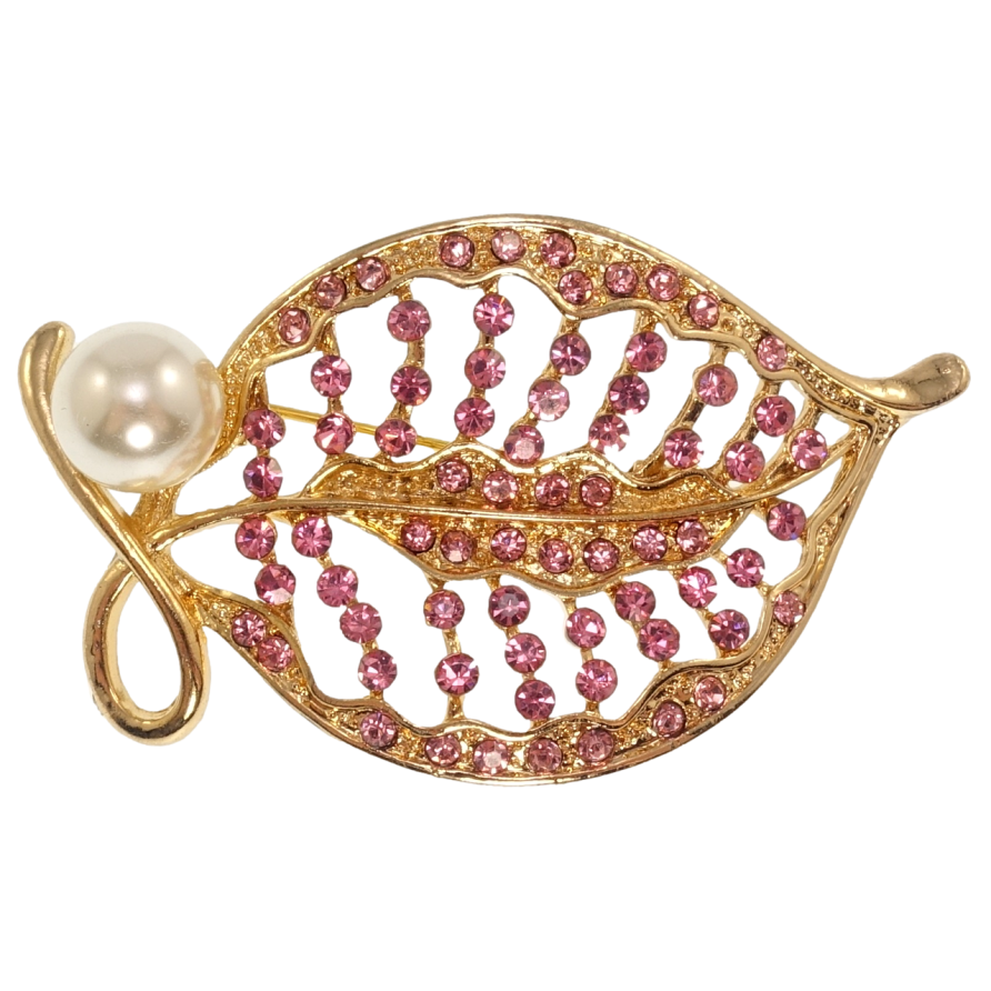 Брошь Листочек с розовыми стразами и жемчужиной фото №1