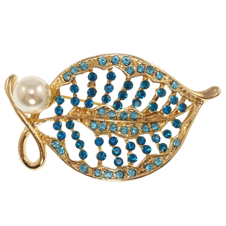 Брошь Листочек с синими стразами и жемчужиной фото №1
