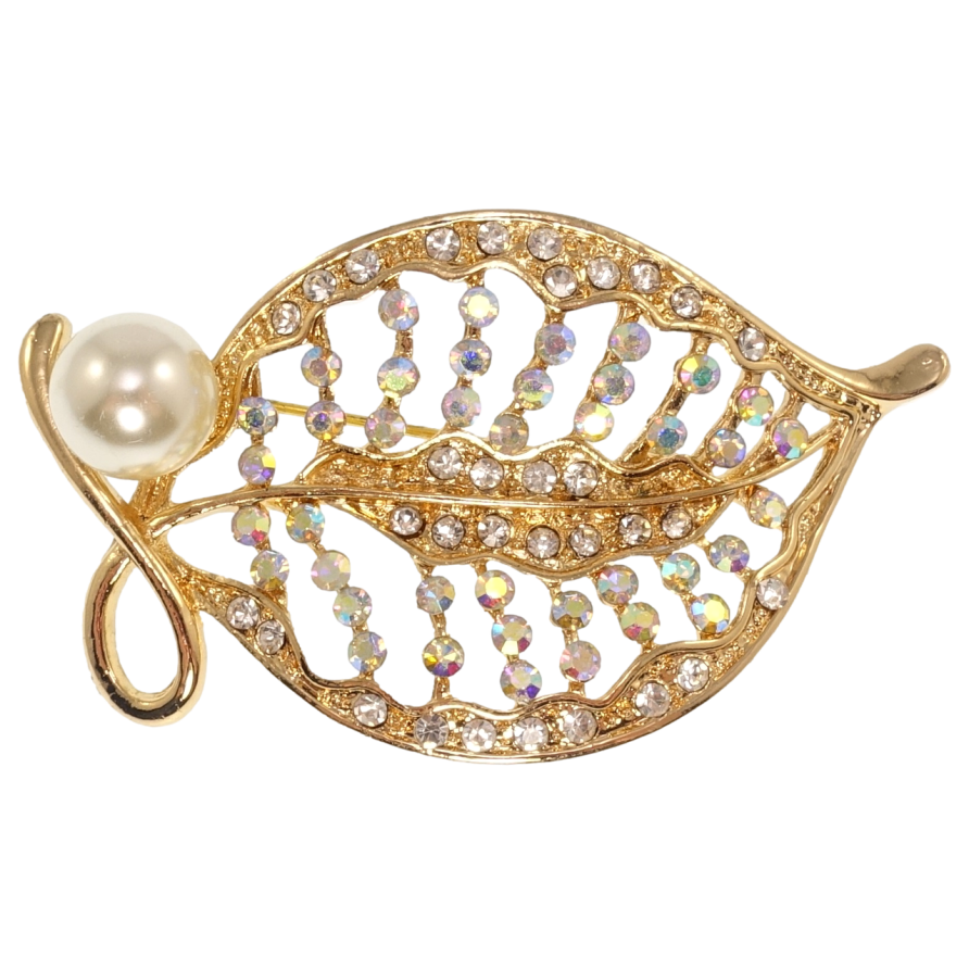 Брошка Листочок зі стразами та перлиною фото №1