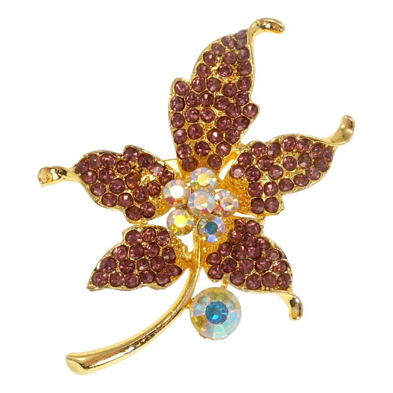Брошь Кленовый листочек с бордовыми стразами фото №1