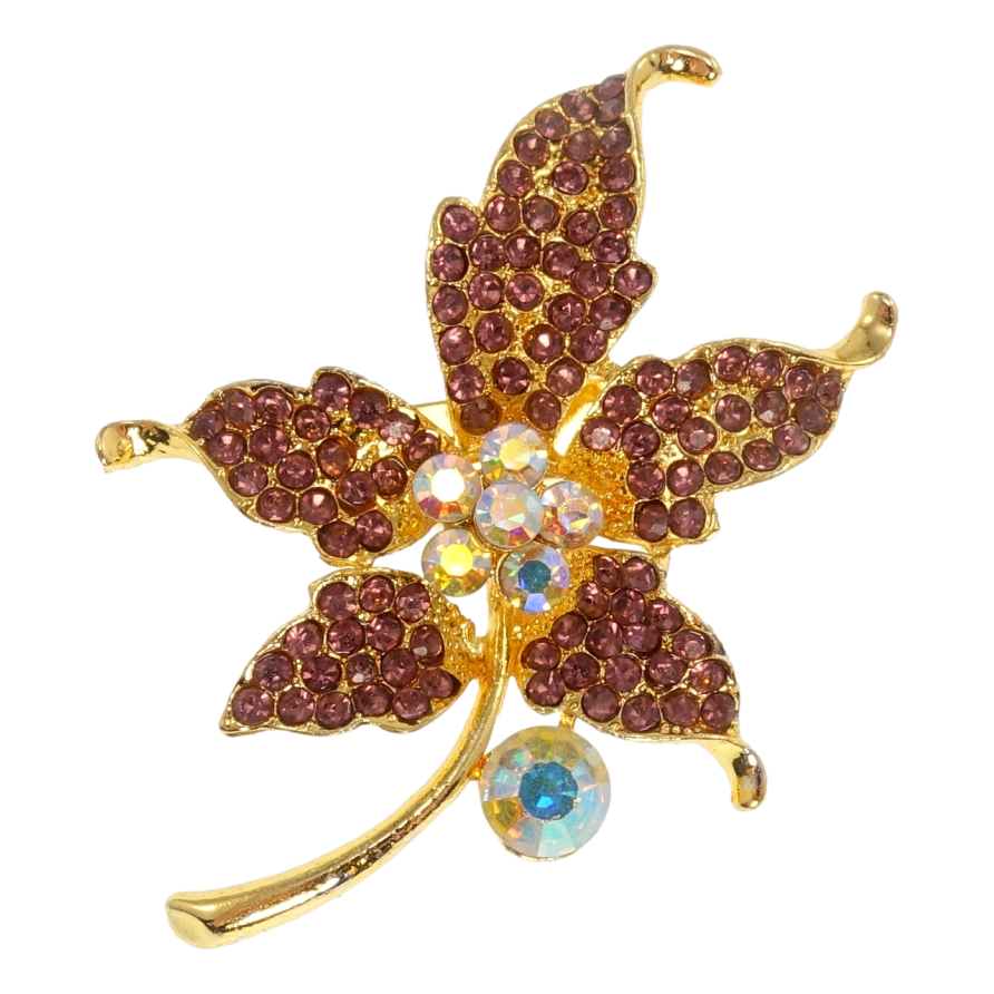 Брошь Кленовый листочек с бордовыми стразами фото №1