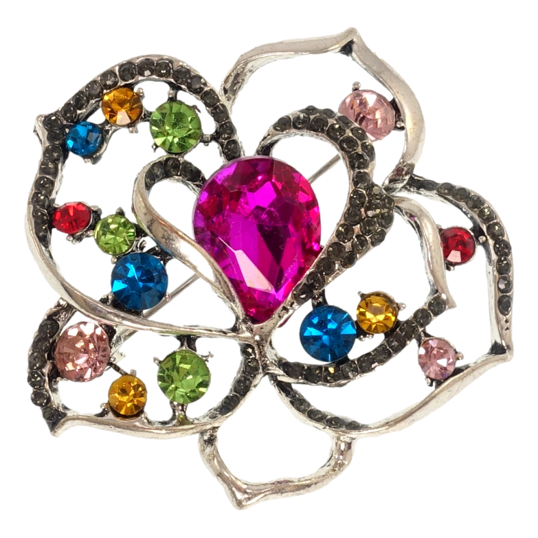 Брошь Цветочек с розовым кристаллом и разноцветными стразами фото №1