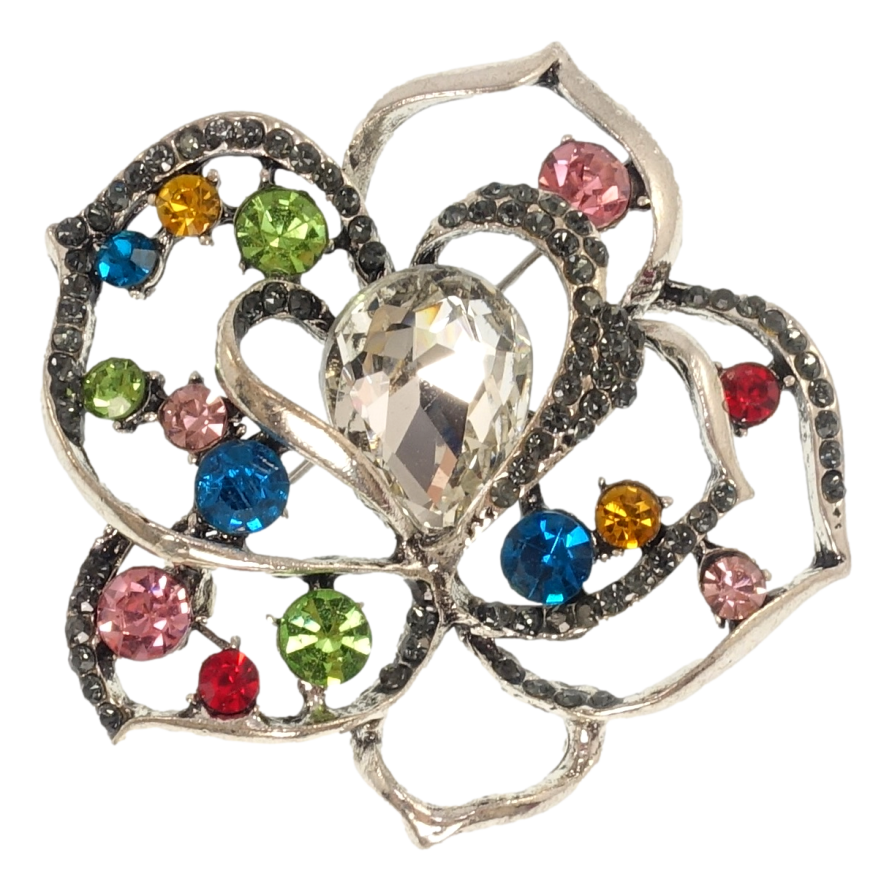 Брошка Квіточка з білим кристалом і різнокольоровими стразами фото №1