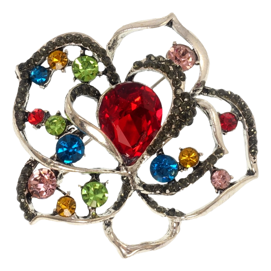 Брошка Квіточка з червоним кристалом і різнокольоровими стразами фото №1 Брошка Квіточка з червоним кристалом і різнокольоровими стразами фото №1