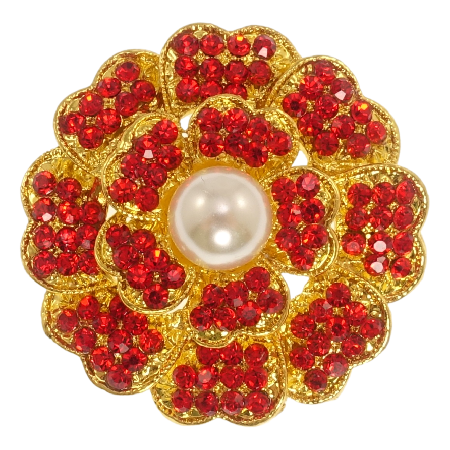 Брошка Квіточка з червоними стразами та перлами фото №1 Брошка Квіточка з червоними стразами та перлами фото №1