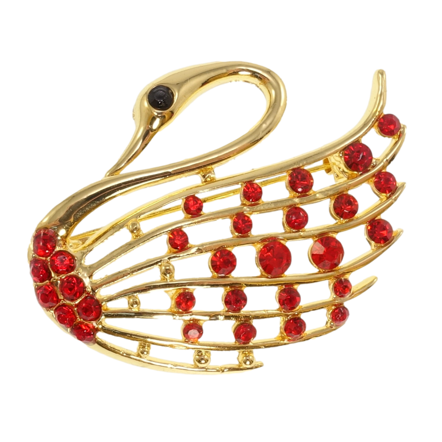 Брошь Лебедь с красными стразами фото №1