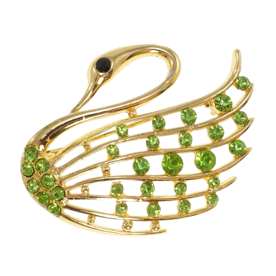 Брошь Лебедь с зелеными стразами фото №1