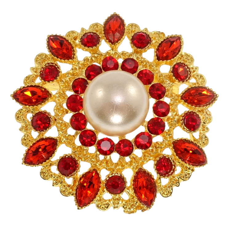 Брошка Квітка з перлами та червоними стразами фото №2