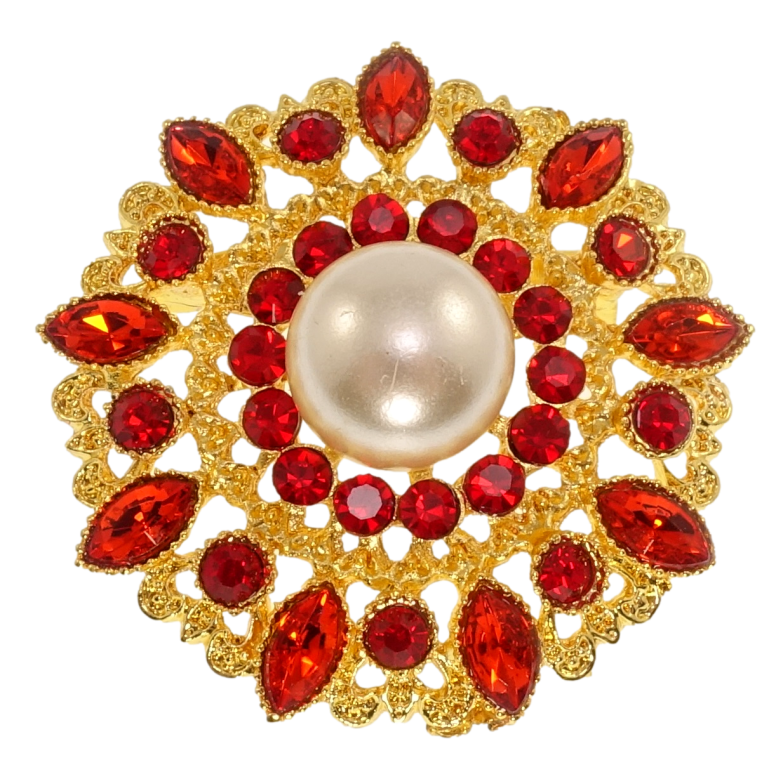 Брошка Квітка з перлами та червоними стразами фото №1